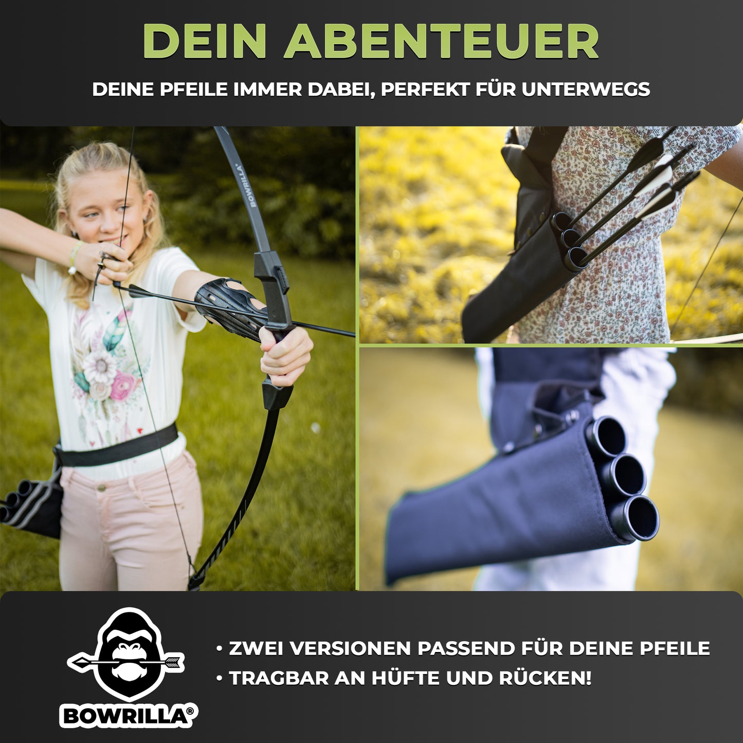 BOWRILLA Köcher mit verstellbarem Gurt und 3 Pfeilröhren