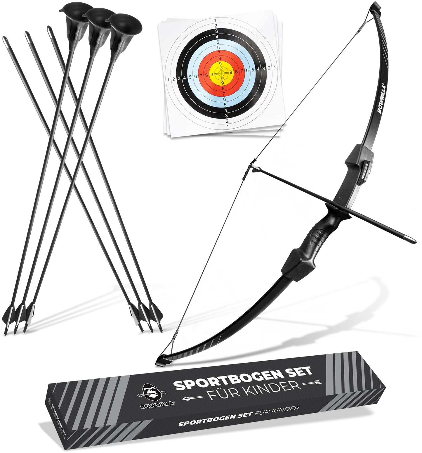 BOWRILLA Children's Sports Bow Set with 6 Carbon Hybrid Arrows and 3 Targets