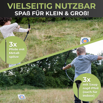 BOWRILLA Children's Sports Bow Set with 6 Carbon Hybrid Arrows and 3 Targets