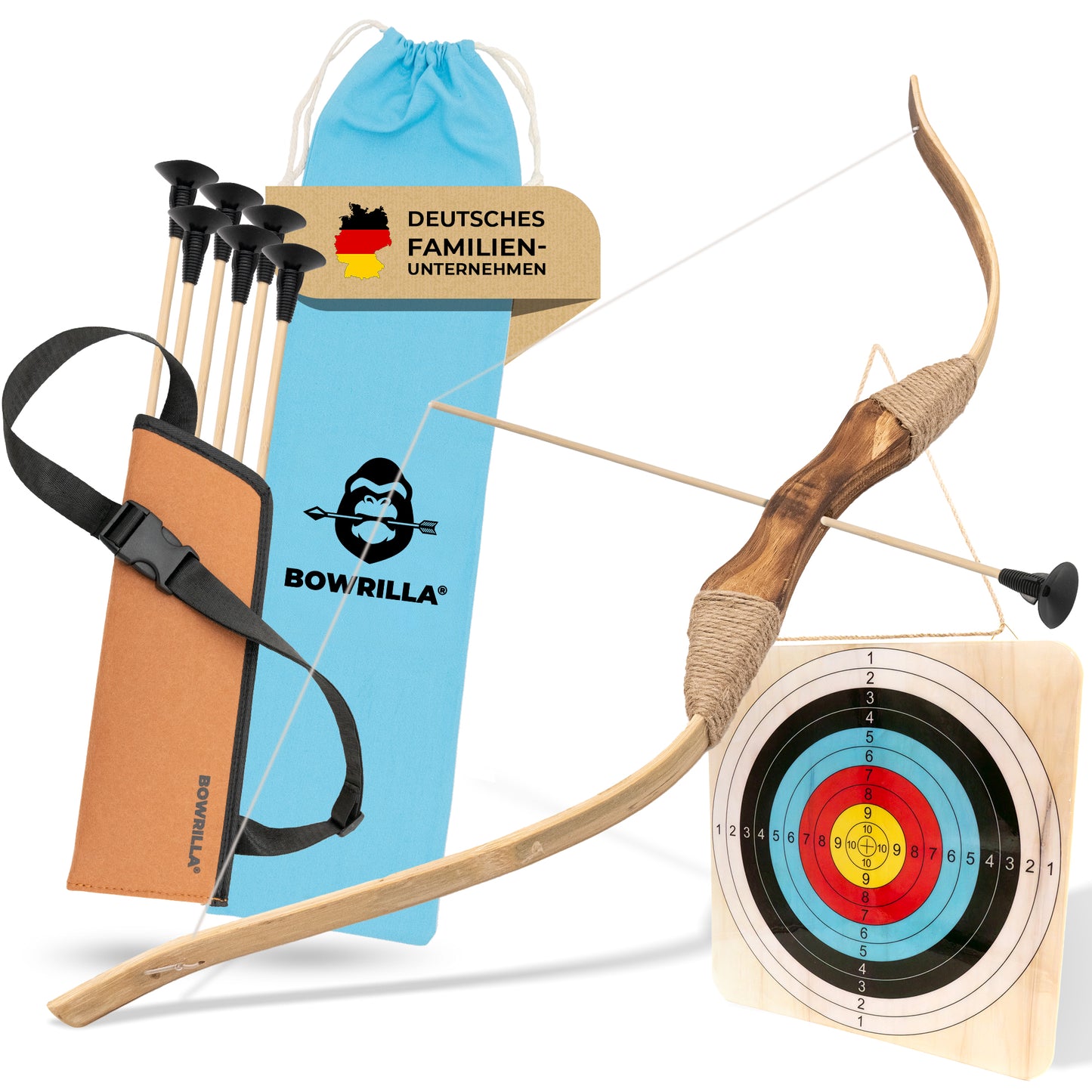 BOWRILLA Wooden Bow Set with 6 Suction Cup Arrows, Target, Quiver, and Storage Bag