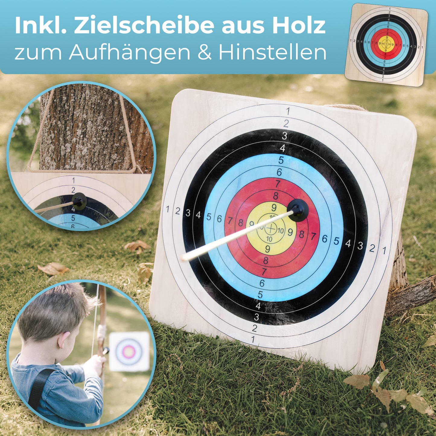 BOWRILLA Wooden Bow Set with 6 Suction Cup Arrows, Target, Quiver, and Storage Bag