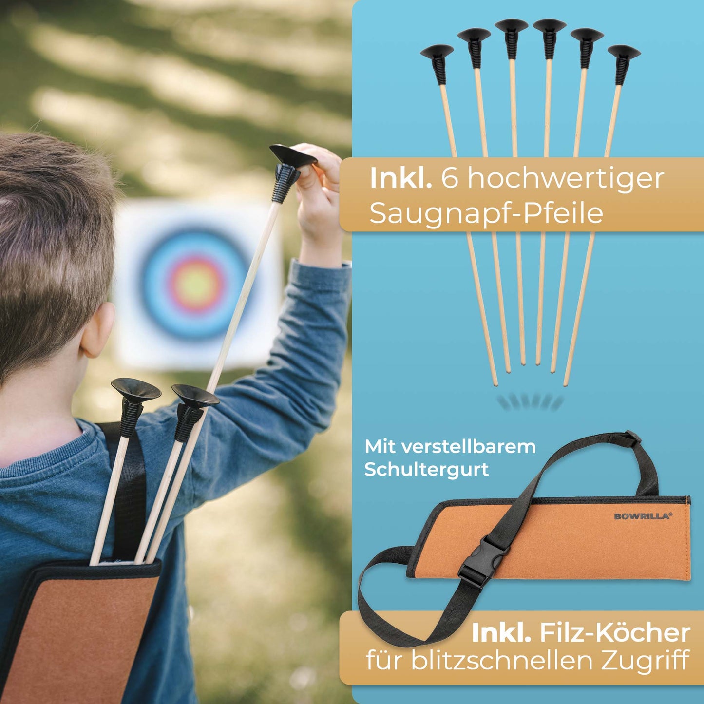 BOWRILLA Wooden Bow Set with 6 Suction Cup Arrows, Target, Quiver, and Storage Bag