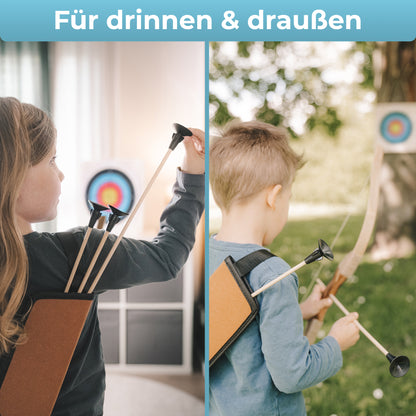 BOWRILLA Wooden Bow Set with 6 Suction Cup Arrows, Target, Quiver, and Storage Bag