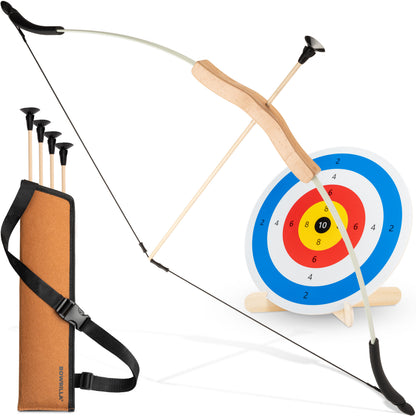 BOWRILLA Children's Sports Bow Set Takedown Kids' Bow – Fiberglass & Wood, with Suction Cup Arrows, Quiver & Targetwith 6 Carbon Hybrid Arrows and 3 Targets