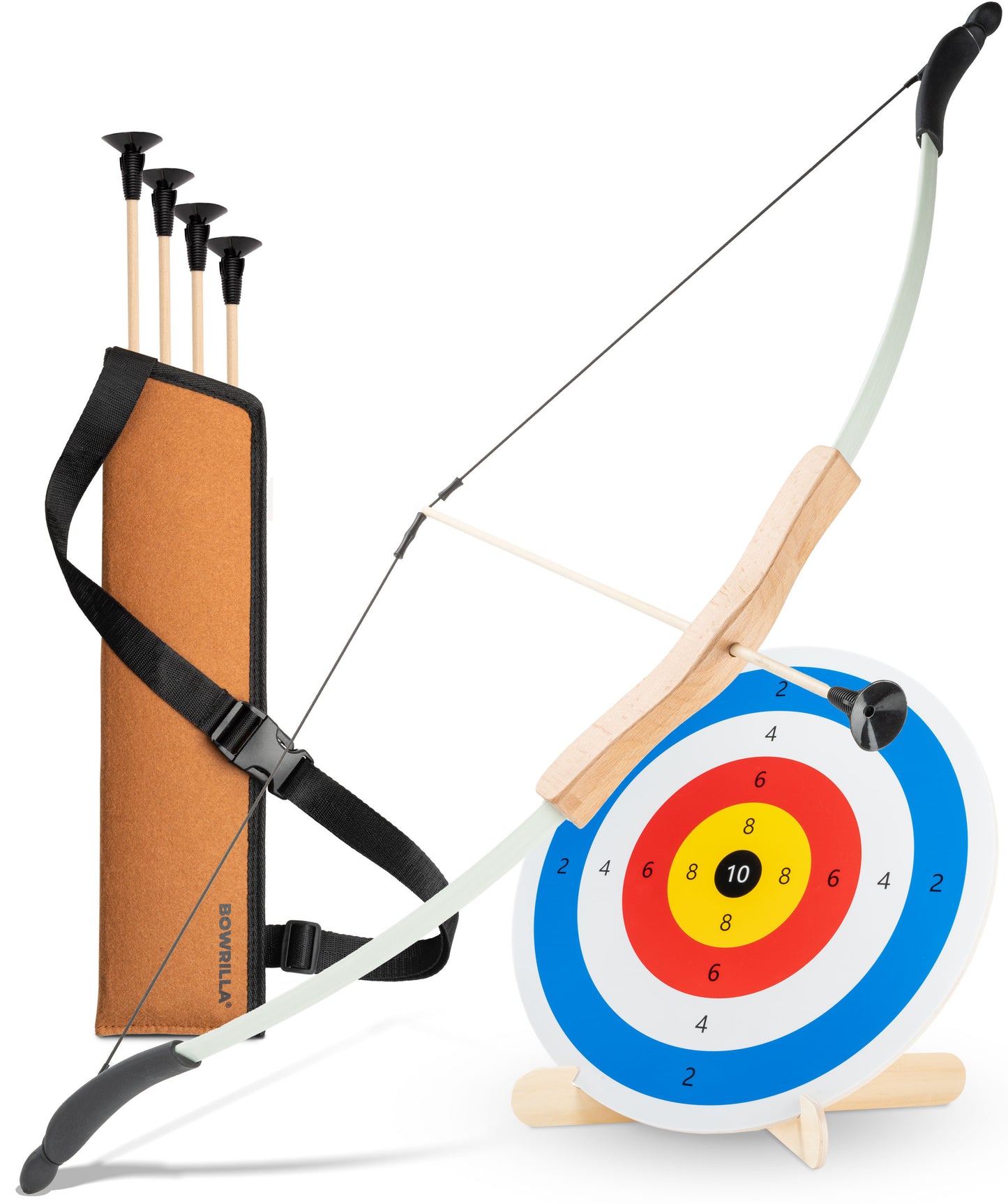 BOWRILLA Children's Sports Bow Set Takedown Kids' Bow – Fiberglass & Wood, with Suction Cup Arrows, Quiver & Targetwith 6 Carbon Hybrid Arrows and 3 Targets