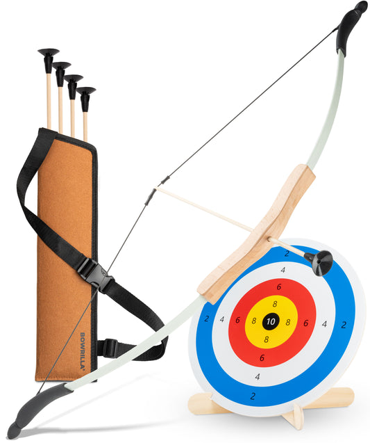 BOWRILLA Children's Sports Bow Set Takedown Kids' Bow – Fiberglass & Wood, with Suction Cup Arrows, Quiver & Targetwith 6 Carbon Hybrid Arrows and 3 Targets