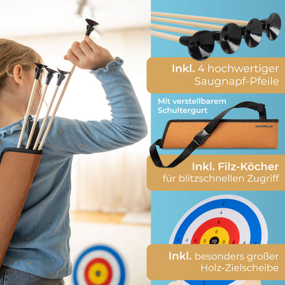 BOWRILLA Children's Sports Bow Set Takedown Kids' Bow – Fiberglass & Wood, with Suction Cup Arrows, Quiver & Targetwith 6 Carbon Hybrid Arrows and 3 Targets