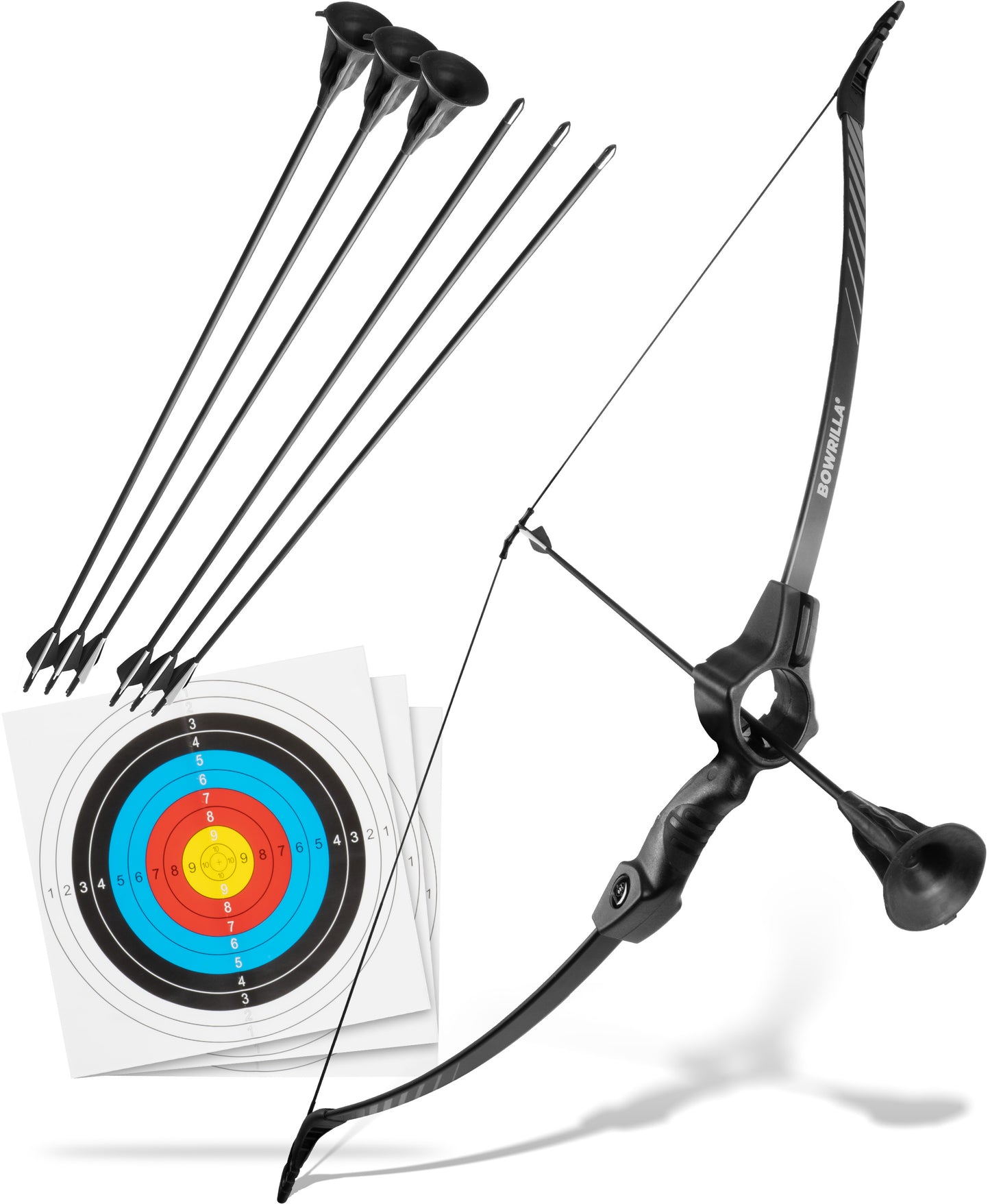 BOWRILLA Sports Bow for Children Aged 6 and Up with Aiming Guide, Including 6 Carbon Hybrid Arrows and 3 Targets