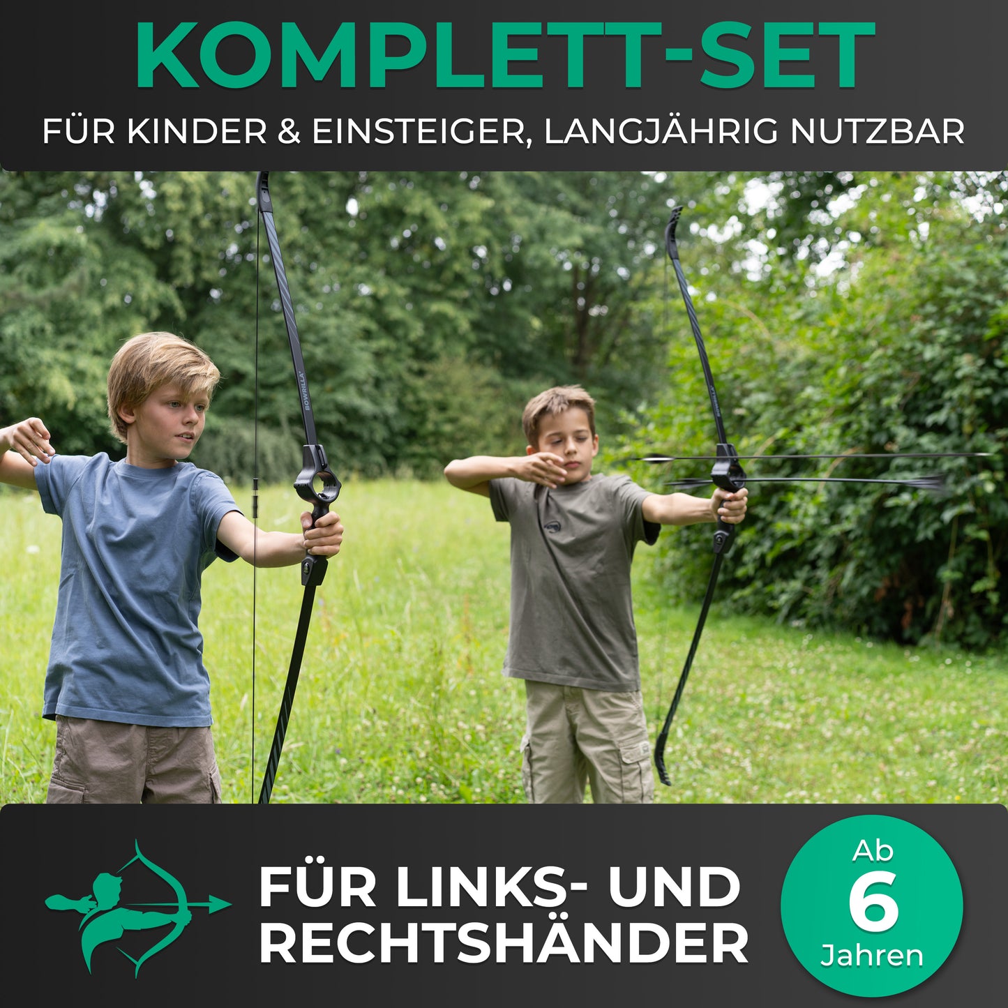 BOWRILLA Sports Bow for Children Aged 6 and Up with Aiming Guide, Including 6 Carbon Hybrid Arrows and 3 Targets