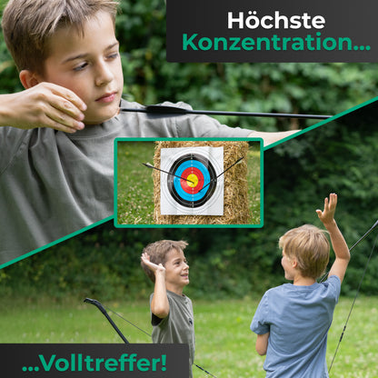 BOWRILLA Sports Bow for Children Aged 6 and Up with Aiming Guide, Including 6 Carbon Hybrid Arrows and 3 Targets