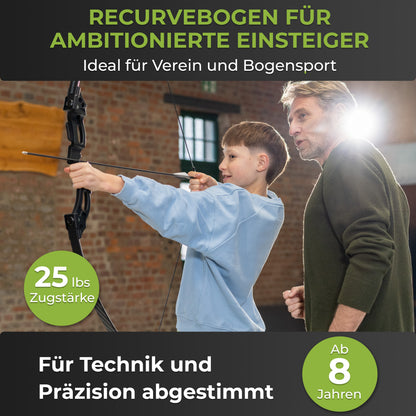 BOWRILLA Recurve Bow Set for Beginners Ages 8 and Up, 25 lbs, 6 Carbon Hybrid Arrows & 3 Targets
