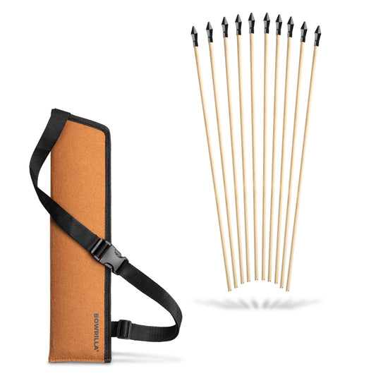 BOWRILLA 10-Piece Set of Wooden Arrows with Rubber Tips & Felt Quiver
