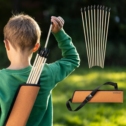 BOWRILLA 10-Piece Set of Wooden Arrows with Rubber Tips & Felt Quiver